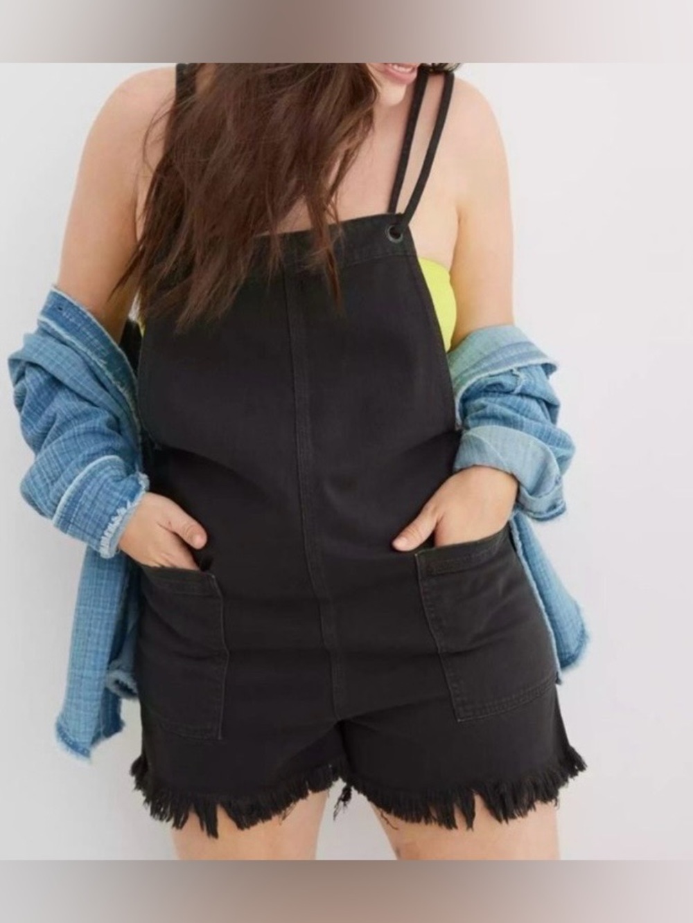 aerie green Utility Denim Short Overalls Romper size XL